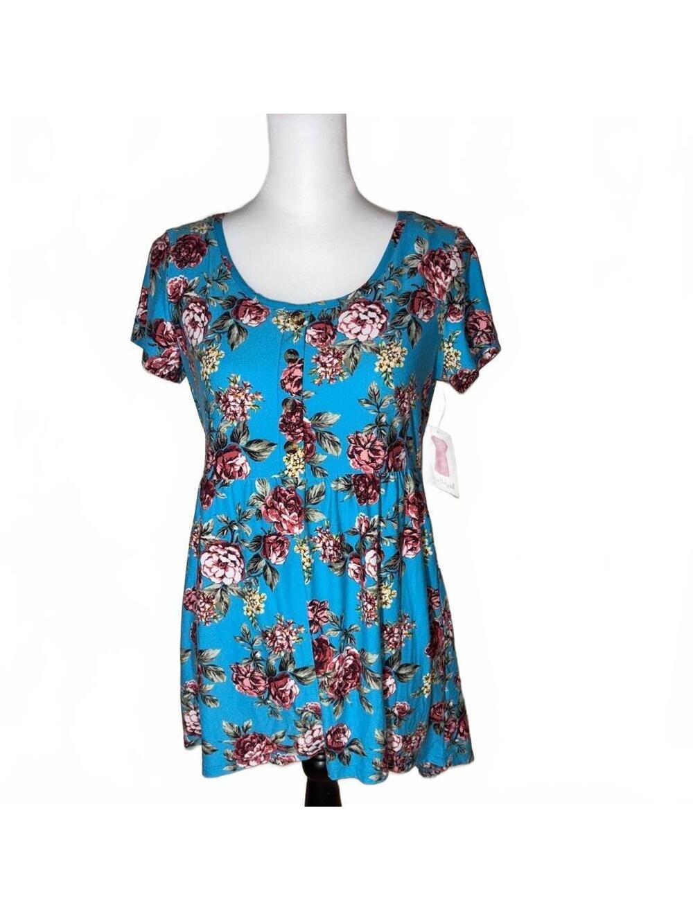 NWT Bobbie Brooks Ladies Blue Floral Short Sleeve Babydoll Dress Size S - Picture 1 of 8